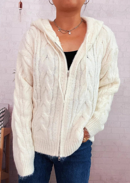 Cable Knit Hooded Zip - Up Cardigan - Trendsi
