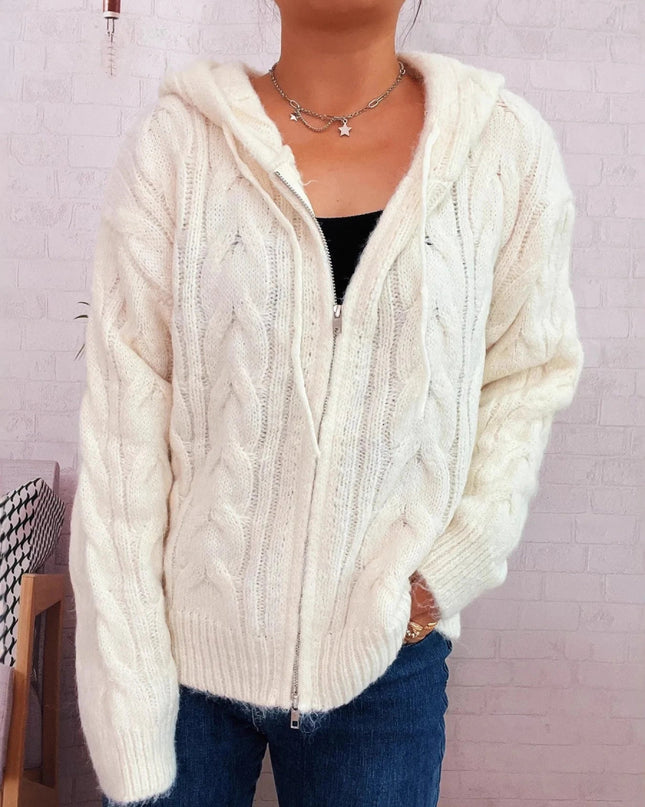 Cable Knit Hooded Zip - Up Cardigan - Trendsi