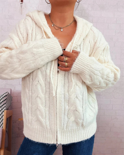 Cable Knit Hooded Zip - Up Cardigan - Trendsi