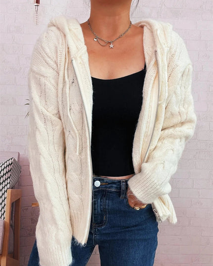 Cable Knit Hooded Zip - Up Cardigan - Trendsi