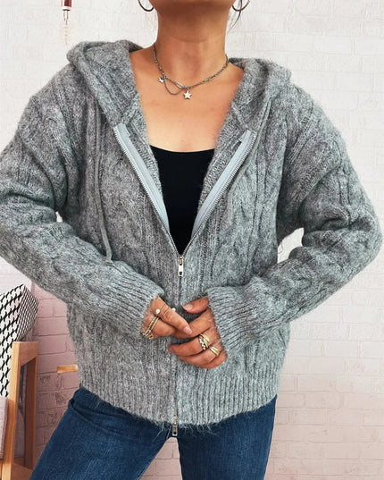 Cable Knit Hooded Zip - Up Cardigan - Trendsi