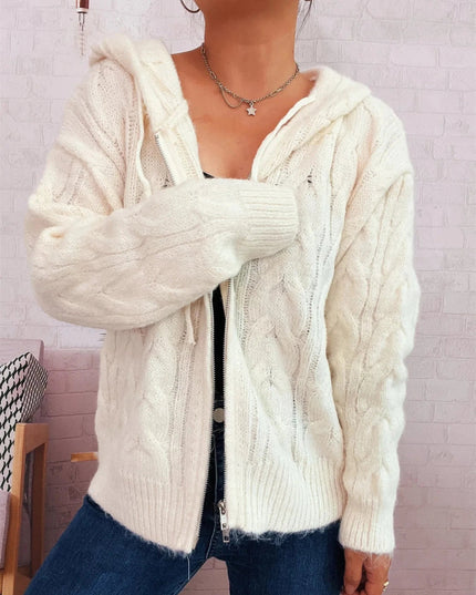 Cable Knit Hooded Zip - Up Cardigan - Trendsi