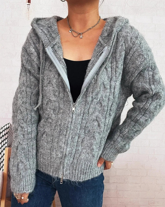Cable Knit Hooded Zip - Up Cardigan - Trendsi
