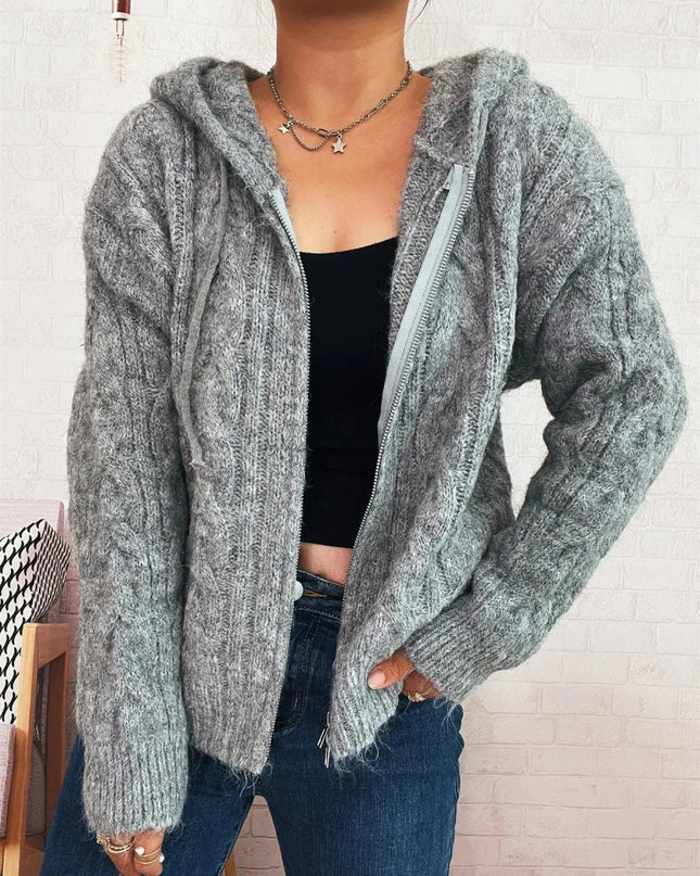 Cable Knit Hooded Zip - Up Cardigan - Trendsi