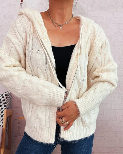 Cable Knit Hooded Zip - Up Cardigan - Trendsi