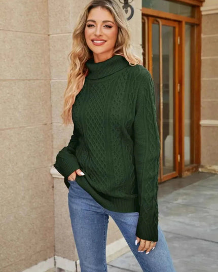 Cable - Knit Mock Neck Sweater - Trendsi