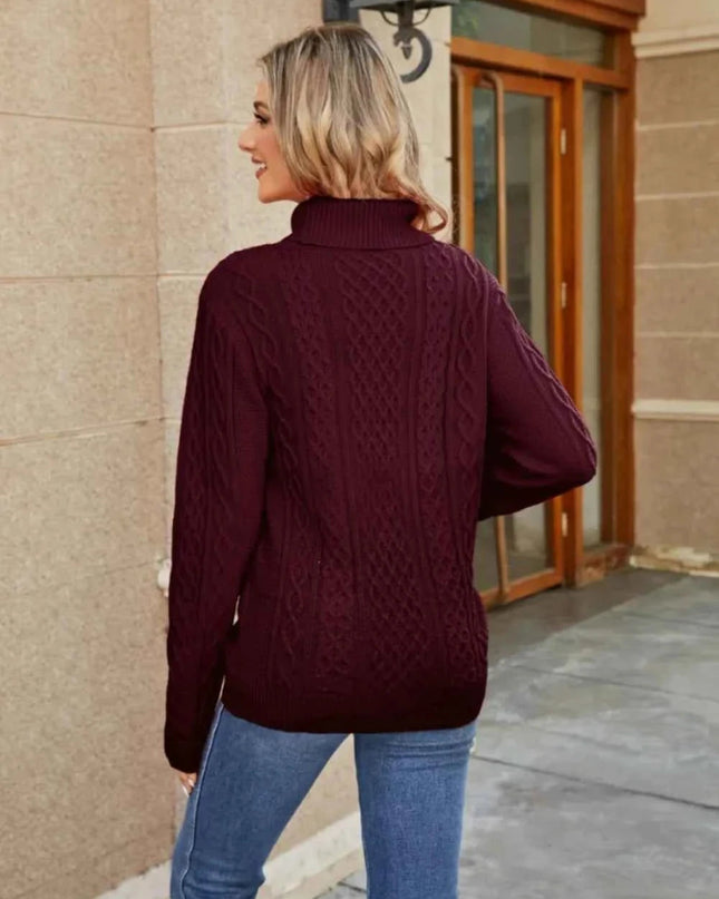 Cable - Knit Mock Neck Sweater - Trendsi