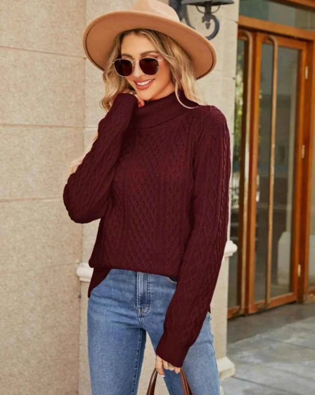Cable - Knit Mock Neck Sweater - Trendsi