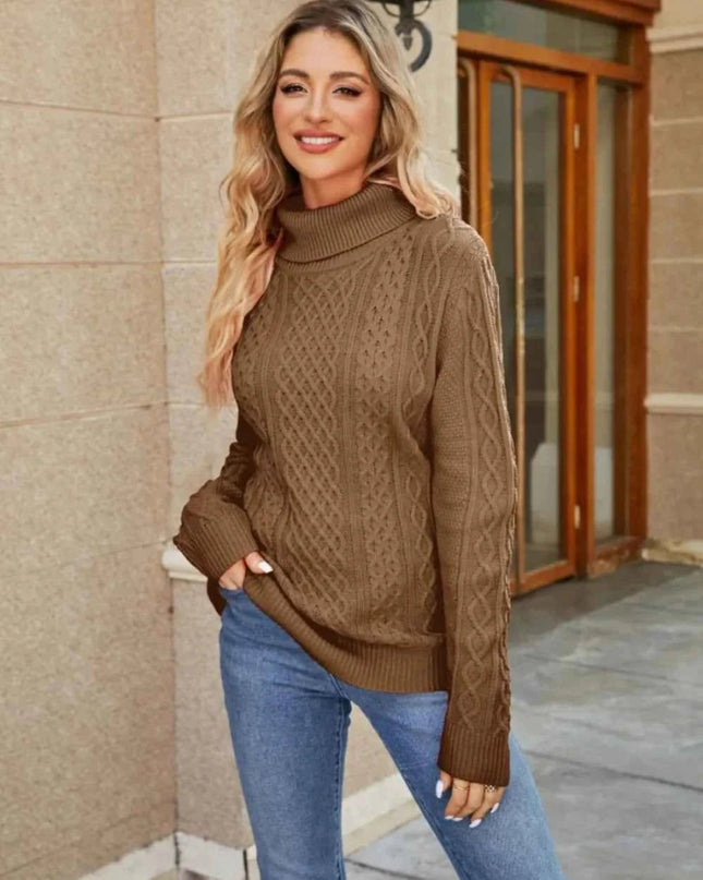 Cable - Knit Mock Neck Sweater - Trendsi