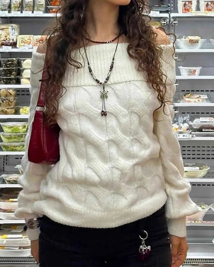 Cable Knit Off - Shoulder Sweater - Trendsi