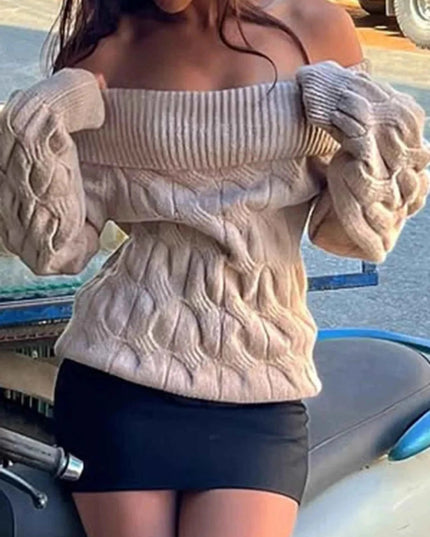 Cable Knit Off - Shoulder Sweater - Trendsi