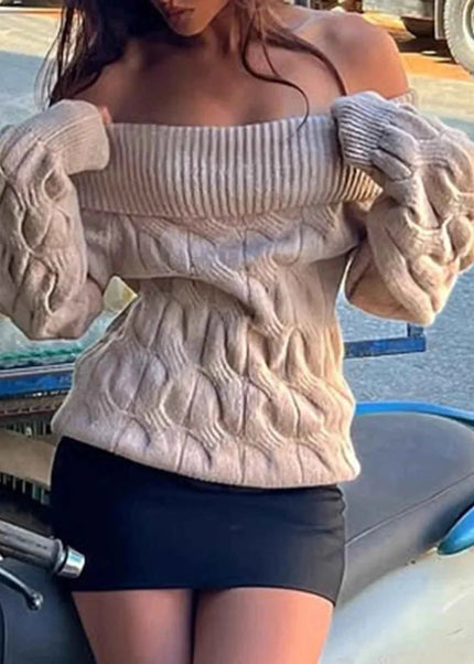 Cable Knit Off - Shoulder Sweater - Trendsi