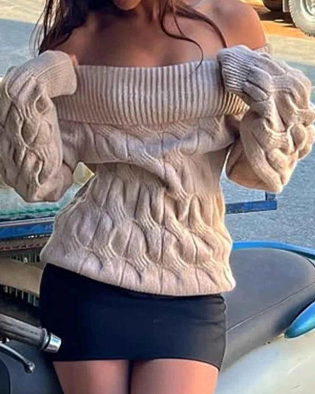 Cable Knit Off - Shoulder Sweater - Trendsi