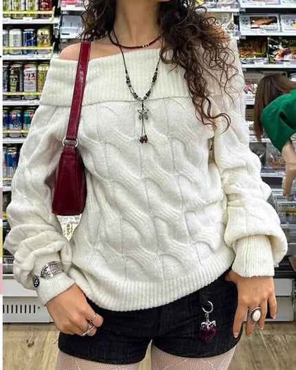 Cable Knit Off - Shoulder Sweater - Trendsi