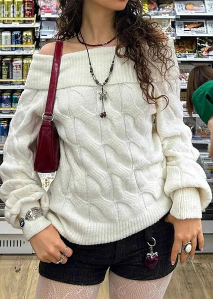 Cable Knit Off - Shoulder Sweater - Trendsi