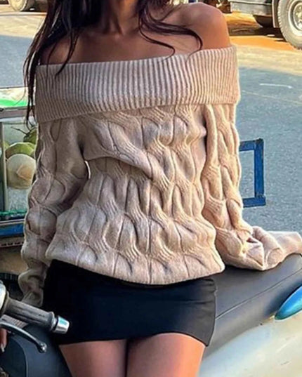 Cable Knit Off - Shoulder Sweater - Trendsi