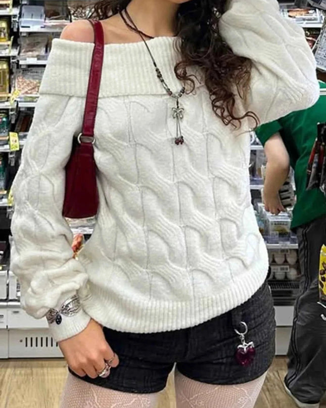 Cable Knit Off - Shoulder Sweater - Trendsi