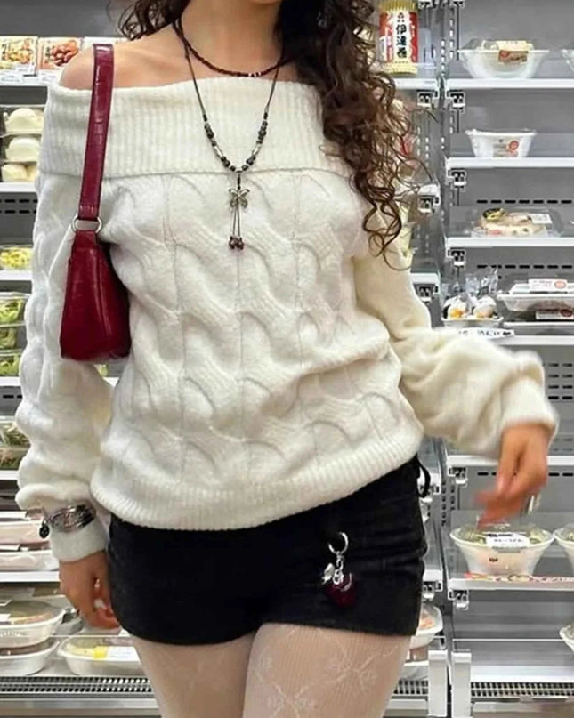 Cable Knit Off - Shoulder Sweater - Trendsi