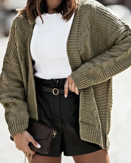 Cable - Knit Open Front Cardigan - Trendsi