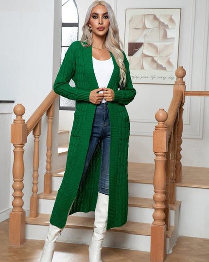 Cable - Knit Open Front Cardigan with Pockets - Trendsi