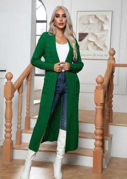 Cable - Knit Open Front Cardigan with Pockets - Trendsi