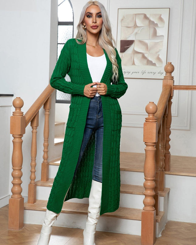 Cable - Knit Open Front Cardigan with Pockets - Trendsi