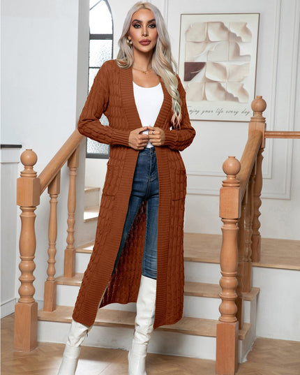 Cable - Knit Open Front Cardigan with Pockets - Trendsi