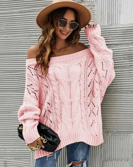 Cable Knit Openwork Off - Shoulder Sweater - Trendsi