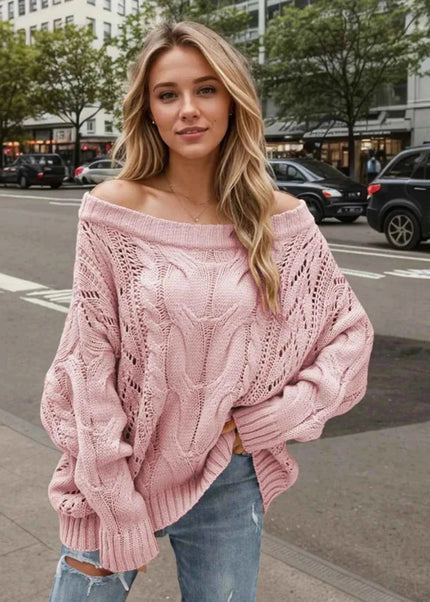 Cable Knit Openwork Off - Shoulder Sweater - Trendsi