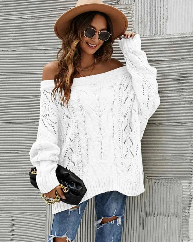 Cable Knit Openwork Off - Shoulder Sweater - Trendsi