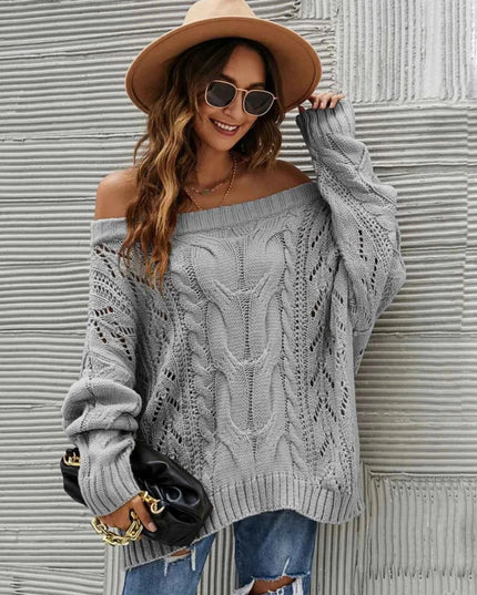 Cable Knit Openwork Off - Shoulder Sweater - Trendsi