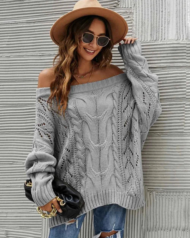 Cable Knit Openwork Off - Shoulder Sweater - Trendsi