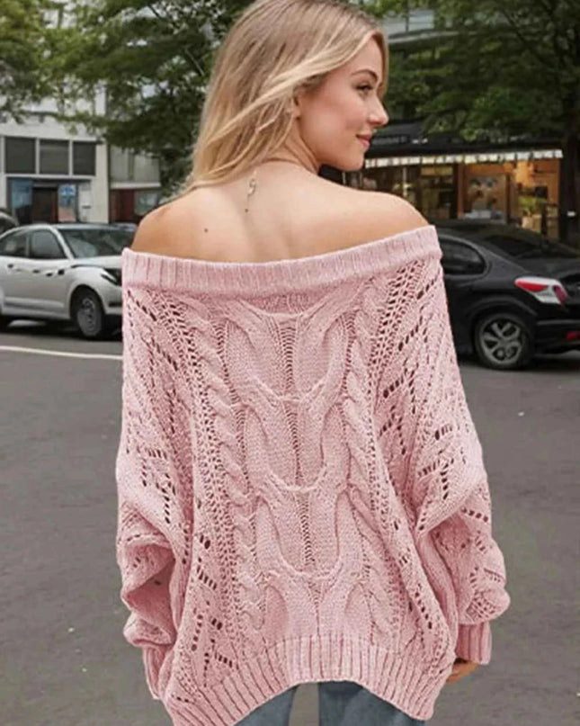 Cable Knit Openwork Off - Shoulder Sweater - Trendsi