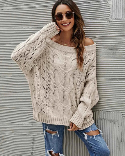Cable Knit Openwork Off - Shoulder Sweater - Trendsi