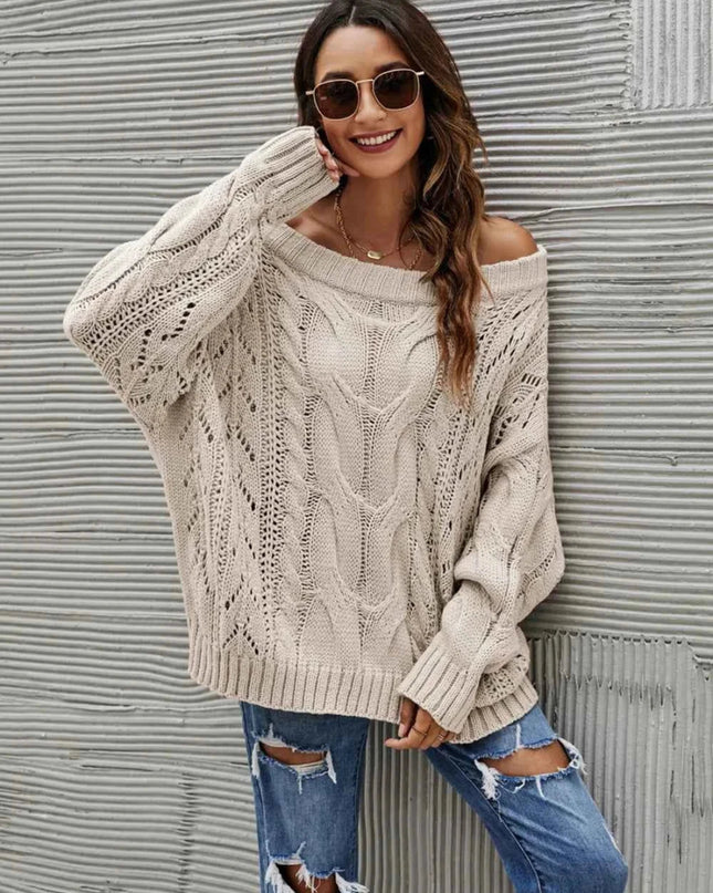Cable Knit Openwork Off - Shoulder Sweater - Trendsi