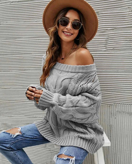 Cable Knit Openwork Off - Shoulder Sweater - Trendsi