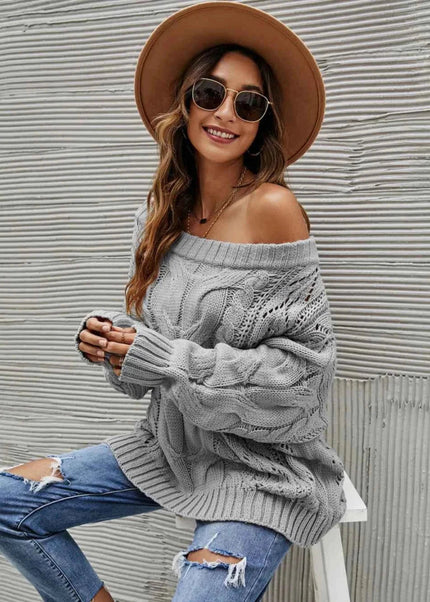 Cable Knit Openwork Off - Shoulder Sweater - Trendsi