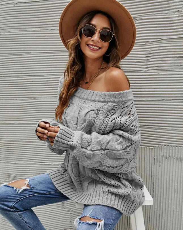 Cable Knit Openwork Off - Shoulder Sweater - Trendsi
