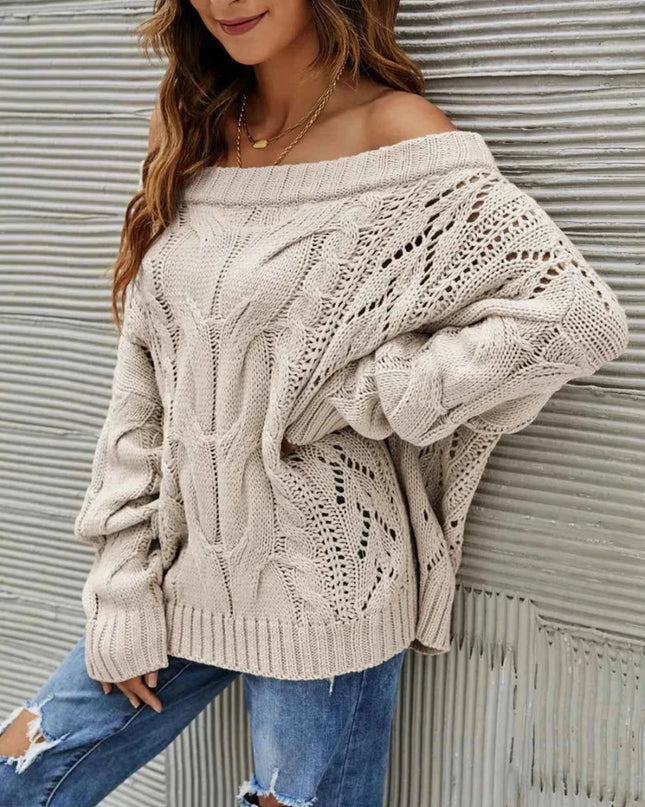 Cable Knit Openwork Off - Shoulder Sweater - Trendsi