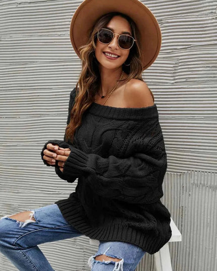 Cable Knit Openwork Off - Shoulder Sweater - Trendsi