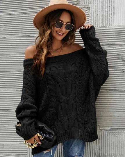 Cable Knit Openwork Off - Shoulder Sweater - Trendsi