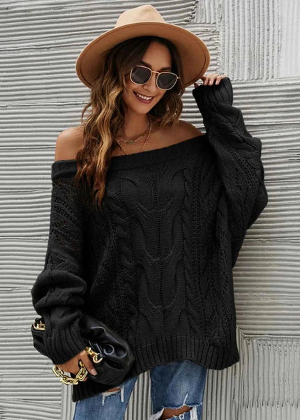Cable Knit Openwork Off - Shoulder Sweater - Trendsi