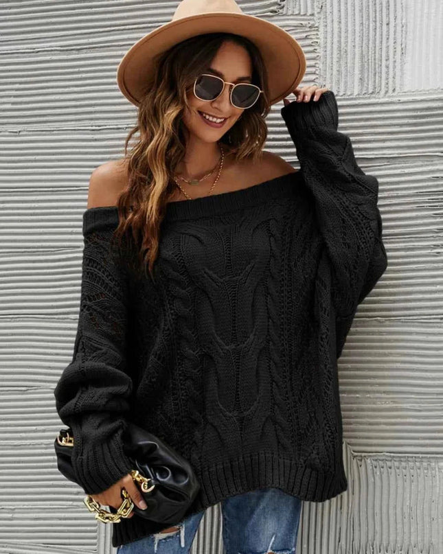 Cable Knit Openwork Off - Shoulder Sweater - Trendsi