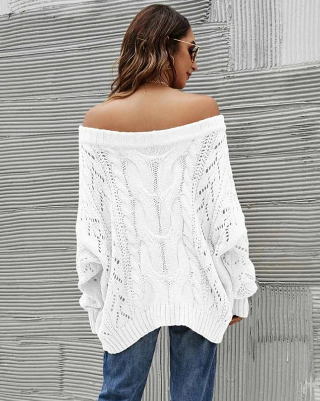 Cable Knit Openwork Off - Shoulder Sweater - Trendsi