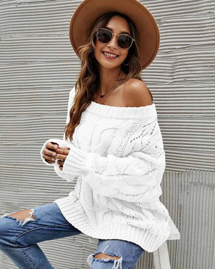 Cable Knit Openwork Off - Shoulder Sweater - Trendsi