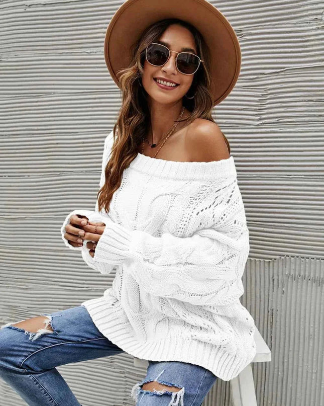 Cable Knit Openwork Off - Shoulder Sweater - Trendsi