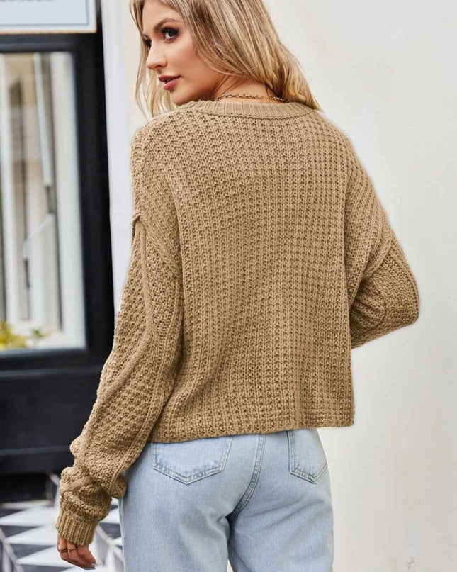 Cable - Knit Round Neck Dropped Shoulder Sweater - Trendsi