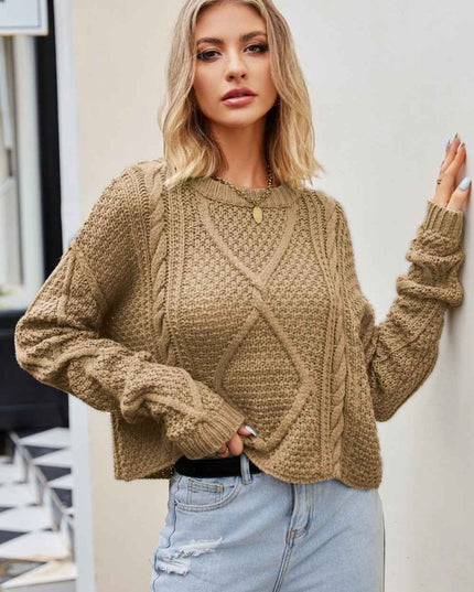 Cable - Knit Round Neck Dropped Shoulder Sweater - Trendsi