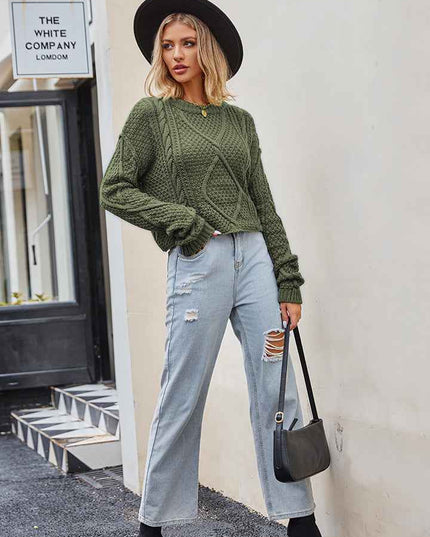 Cable - Knit Round Neck Dropped Shoulder Sweater - Trendsi