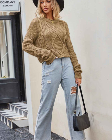 Cable - Knit Round Neck Dropped Shoulder Sweater - Trendsi